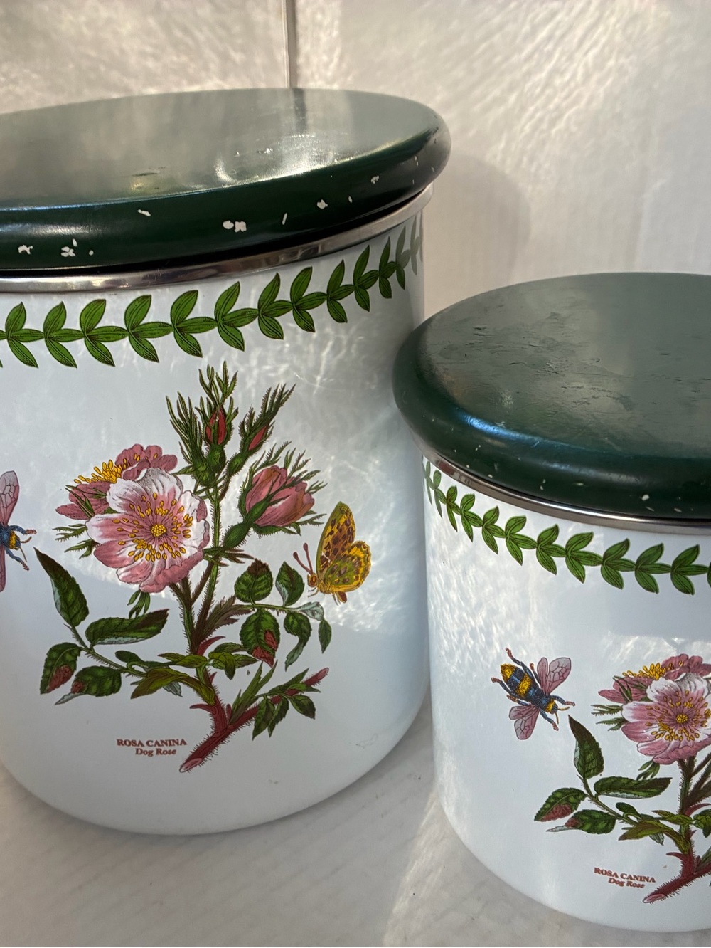 Vtg Portmeirion Metal Covered Canisters Botanic Garden Rosa Canina Dog Rose (2)